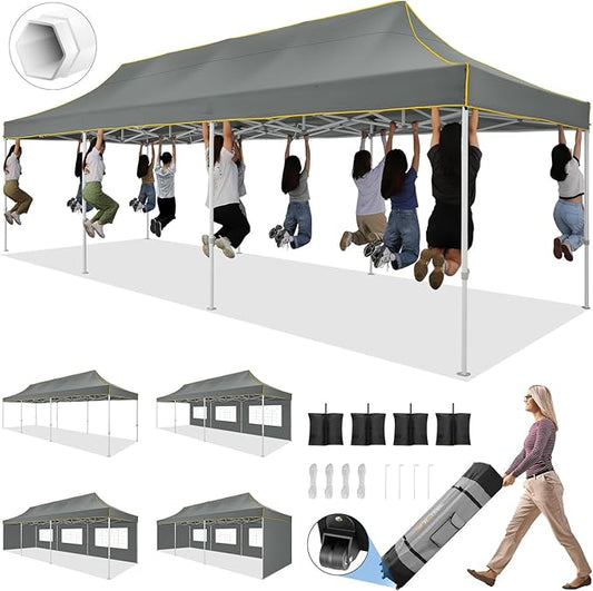 HOTEEL 10x30 Pop up Canopy Tent for Parties, Heavy Duty Easy Setup Tent with 5 Sidewalls, Outdoor Commercial Instant Gazebo for Wedding Event, with Roller Bag & Sand Bags, Grey(Hexagonal Frame)