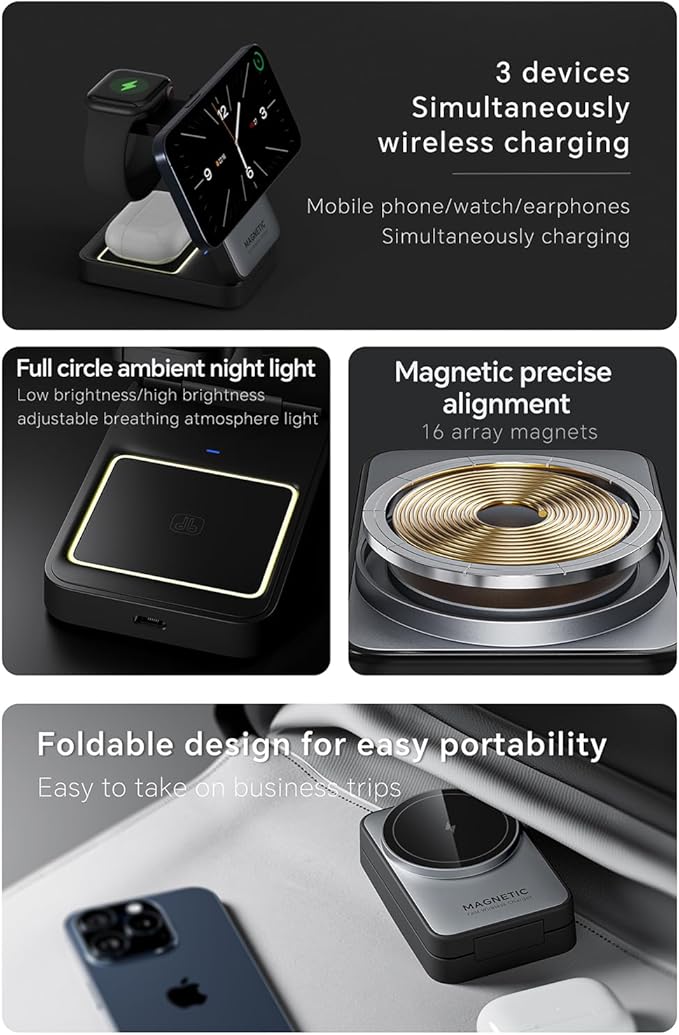 2025 Upgraded 3-in-1 Wireless Charger for iPhone,Travel Magnetic Charger Stand Nightlight Foldable Wireless Charging Station Compatible with Magsafe Charger&iPhone 16/15/14/13/12,Apple Watch&AirPods