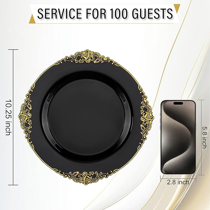 Nervure 100PCS Black and Gold Plastic Plates - 10.25Inch Black Disposable Plates - Black Plastic Dinner Plates for Wedding & Party & Halloween