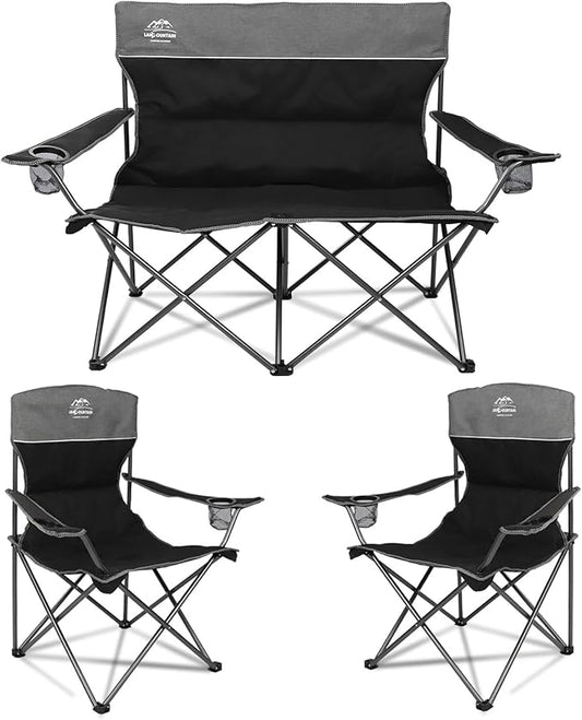 3 Piece Portable Camping Chairs Set,Folding Lawn Chair Set with Cup Holder,Outdoor Heavy Duty Comfy Chairs,Loveseat Chair Perfect for Family Hiking,Picnics and Beach Trips,Black