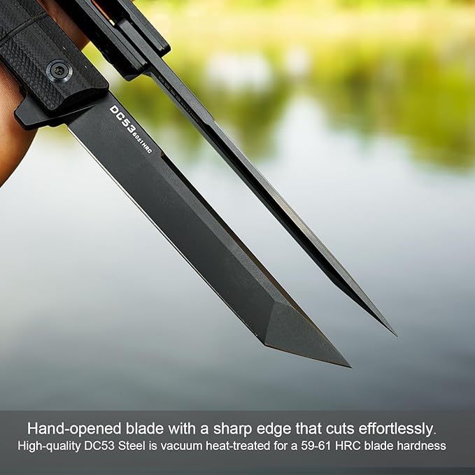 Flipper Pocket Folding Knife,DC53 Steel Blade and G10 Handle. With pocket clip and glass breaker,men's pocket knife hiking trip EDC tool Knife (Black PVD Blade)