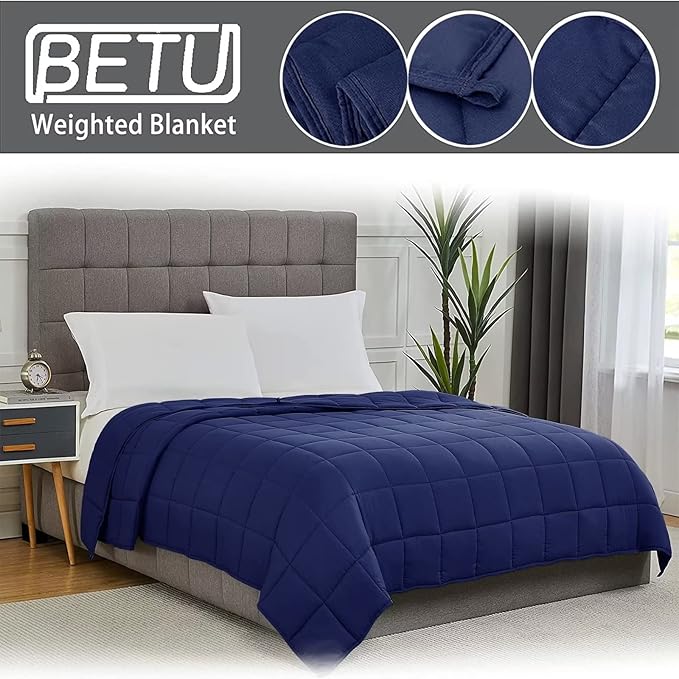 Navy Blue Weighted Blanket for Adults 15lbs,48"x72" Twin Size Cooling Heavy Blanket for 120-160lbs with Premium Glass Beads, Soft Thick Big Blankets for All-Season Sleeping Comfort Breathable