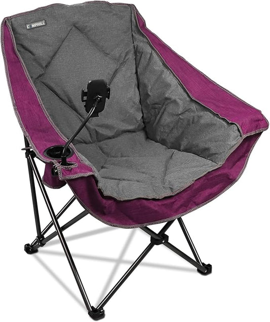 Folding Camping Chair,Oversized Portable Camping Chair with Cup Holder and Phone Holder,Heavy Duty Padded Lawn Chair for Camping, Tailgates, Beach, and Sports