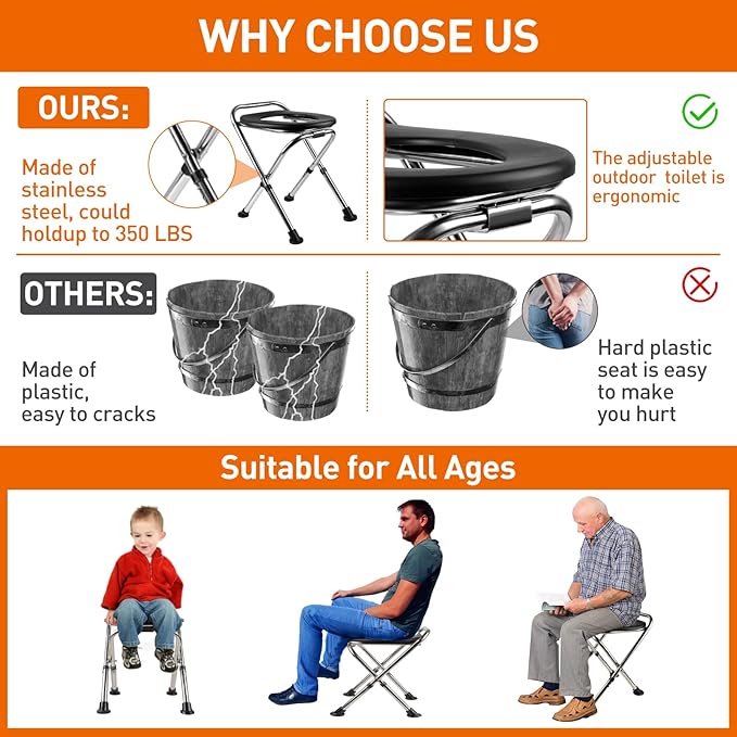 Upgrade Portable Toilet for Camping, Height Adjustable Travel Portable Potty for Adults, Stainless Steel Foldable Toilet for Car,Hiking,Beach and Camping Outdoor Use