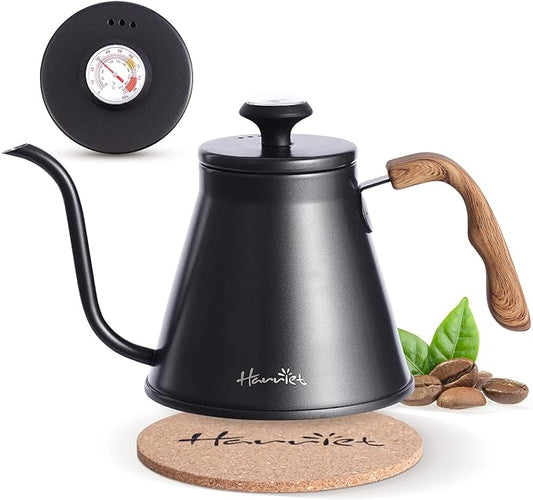 Harriet Gooseneck Kettle with Thermometer for Pour Over Coffee and Tea, 37 fl oz, Stainless Steel, Durable 3-Layer Base, Ideal Spout for Precision Pouring, Compatible with all Stove Tops, Black