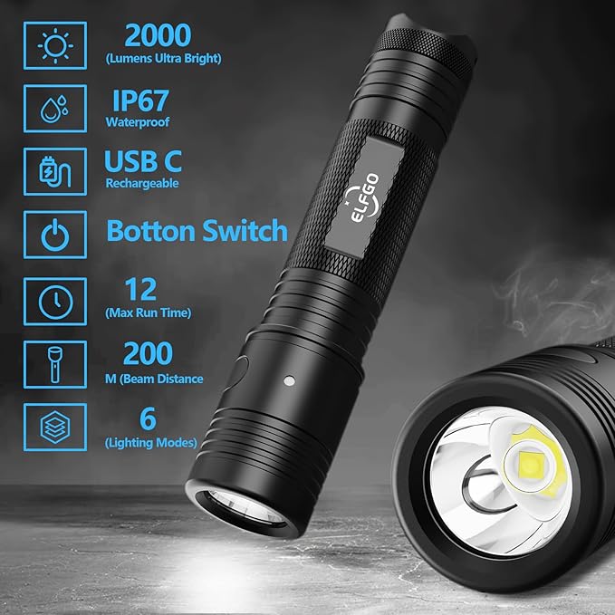 2000 Lumens Tactical Flashlight,LED Flashlight Flash Light Duty Rechargeable Flashlights with USB C IP67 Strobe Handheld Flashlight for Outdoor Camping Hiking Biking Emergency Work Light Repair
