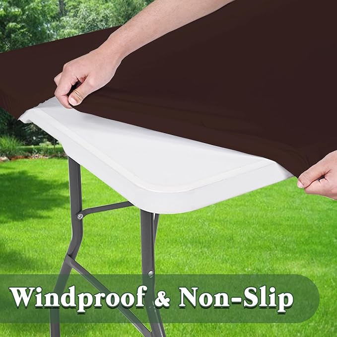 10 Pack Picnic Table Cover Fitted 8 Foot Tablecloth for Rectangle Tables Elastic Waterproof Stretch Washable Patio Folding Outdoor Spandex Table Cloth for Camping Banquet Parties (Coffee 30" x 96")