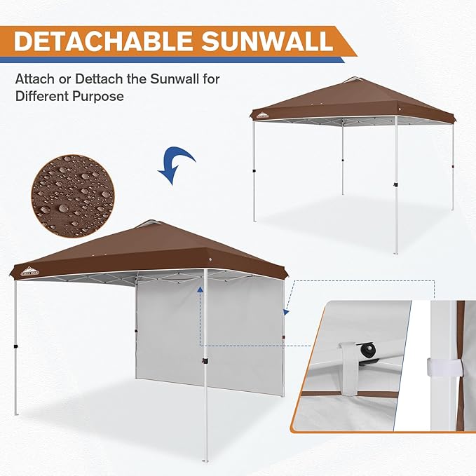 EAGLE PEAK Pop Up Canopy Tent with 1 Sidewall, Easy Setup Event Tent, Outdoor Sun Shade, Wheeled Carry Bag, Stakes and Guy Ropes, Instant Canopy 10x10, Dark Brown