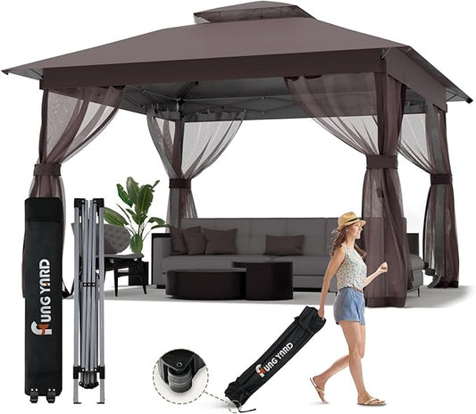 Pop Up Gazebo 11x11 - Outdoor Canopy Tent with Mosquito Netting & Wheeled Carry Bag, Double Roof Gazebos for Backyard Party Garden Wedding Camping (Brown, 11x11)