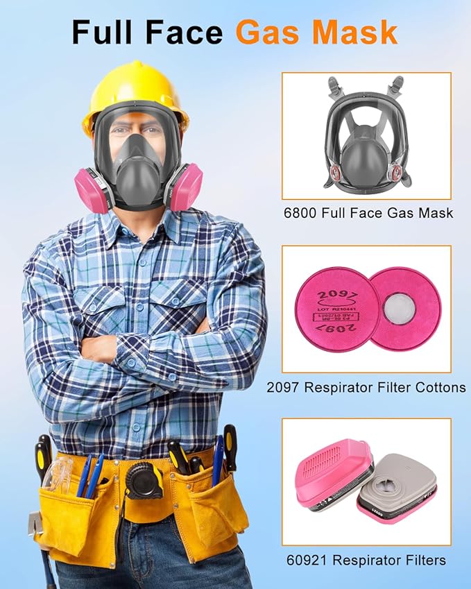 Full Face Respirator Mask with Filters 60921 & 2097, Gas Mask Against Dust, Organic Vapor, Paint, Welding, Chemicals, Epoxy Resin, Sanding, Woodworking