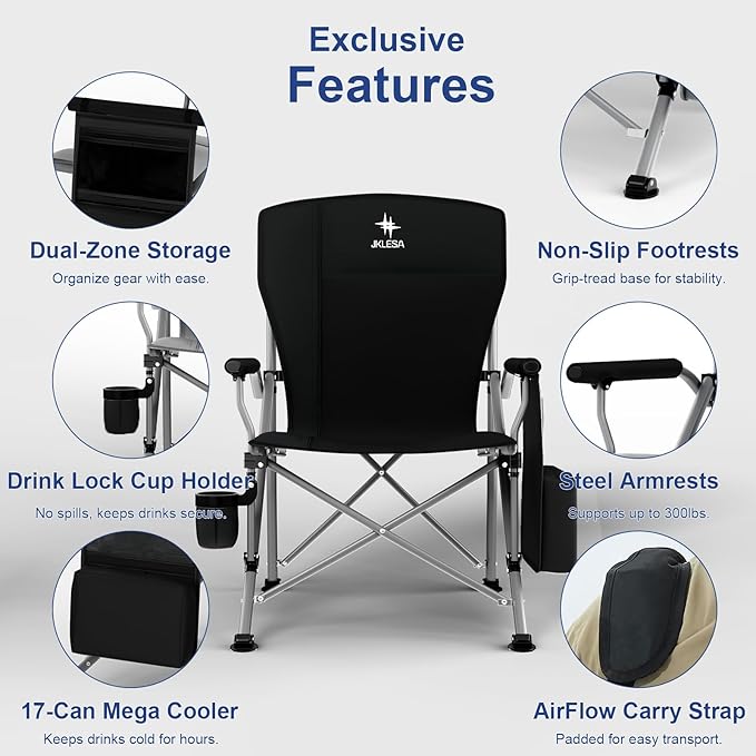 XL Heavy Duty Camping Chair 396lb Capacity (525lb Max) – Waterproof 1680D Oxford Fabric, 2" Padded Seat & Back, Cup Holder, Cooler Pocket, Portable for Camping, Beach & Tailgating (Onyx Black)