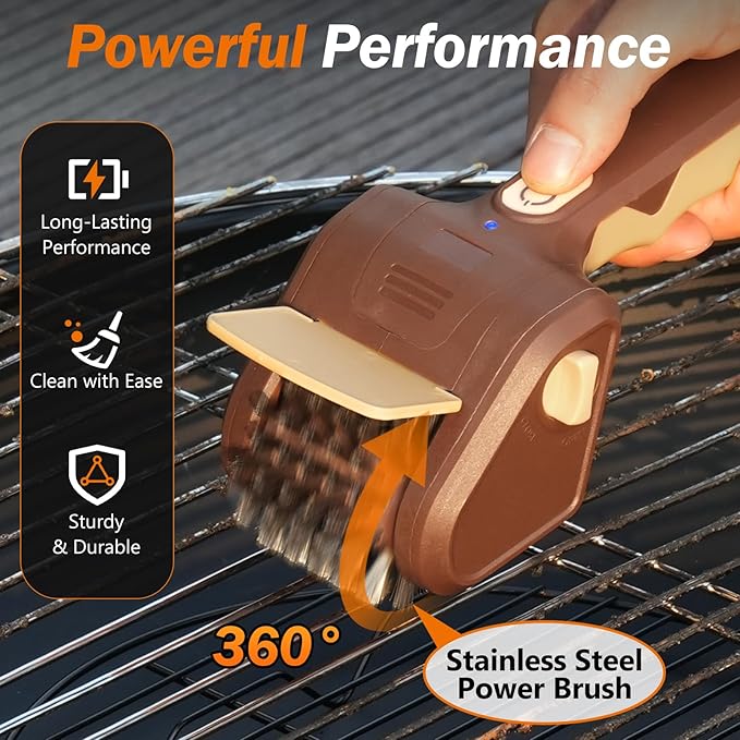BBQ Grill Brush for Outdoor Grill, Cordless Electric Grill Cleaner with 700 RPM Stainless Steel Brush, Rechargeable Grill Cleaning Brush, Brown