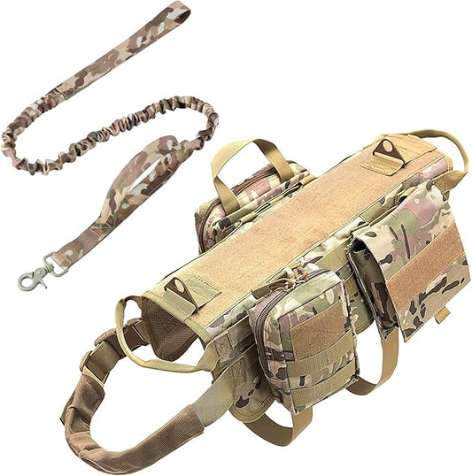 AIWAI Tactical Dog Harness with Pouches,Dog Vest Harness for Large Medium Dogs No-Pull Adjustable Military Dog Harness with Handle Walking Hiking Training (Camouflage(with Leash), M)