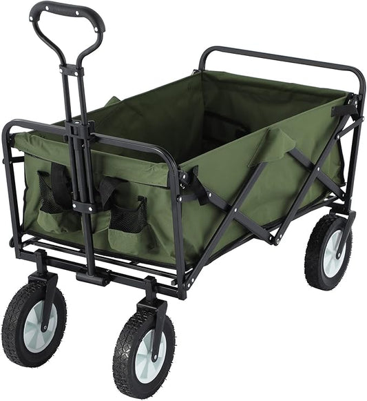 220 lbs Capacity Folding Wagon, Utility Garden Cart Collapsible with Wheels for Outdoor Camping, Green