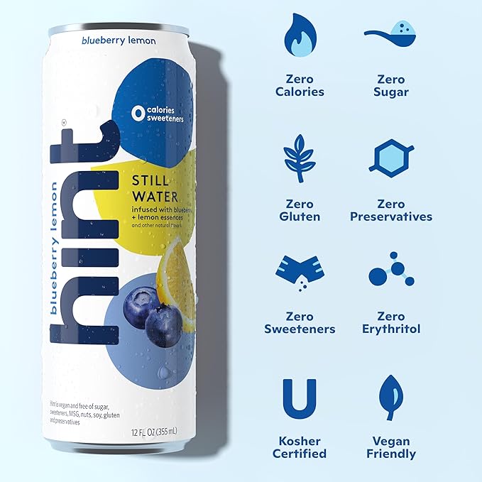 Hint Canned Water, Blueberry Lemon - Purified Flavored Water with Zero Calories, Natural Flavors, and Sugar Free - 12 Fl Oz Cans (Pack of 12)