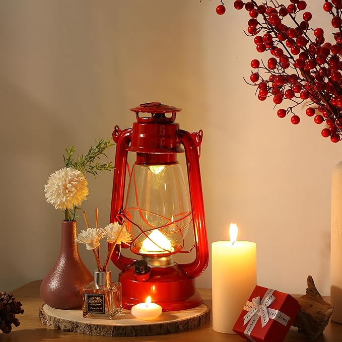 Hortsun 6 Pcs 12 Inch Vintage LED Hurricane Lantern Metal Red Outdoor Battery Operated Hanging Lantern with Warm LEDs and Dimmer Switch for Indoor Rustic Farmhouse Country Camping Decor