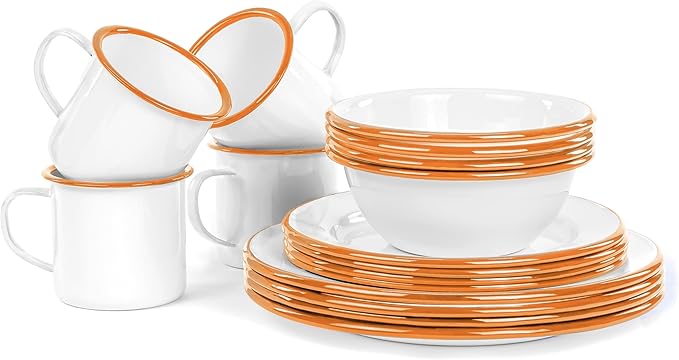 Red Co. 16-Piece Enamelware Metal Dinnerware Set for 4, Solid White/Orange Rim