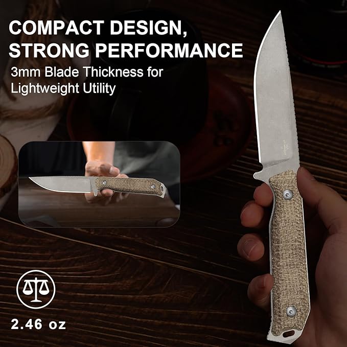 Kizer Begleiter Fix Fixed Blade Knife, 3.78" Drop Point 3V Blade Hunting Knives with Kydex Sheath, Brown Burlap Micarta Handle EDC Knife for Camping Hunting Survival 1045MD1