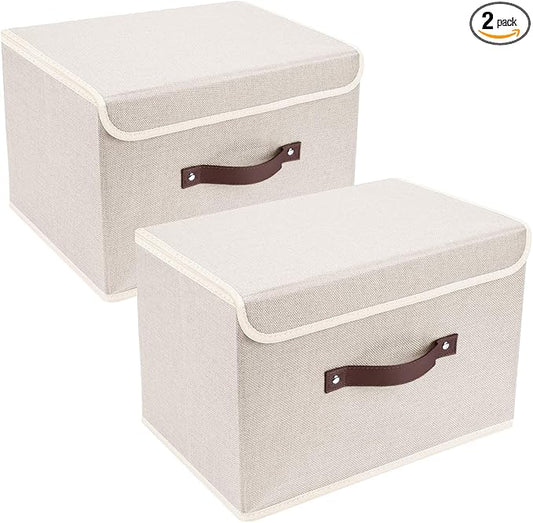 TYEERS Collapsible Storage Boxes, Washable Fabric Storage Bins with Lids, 14.9x9.8x9.8 inches, 2 Pack, Beige