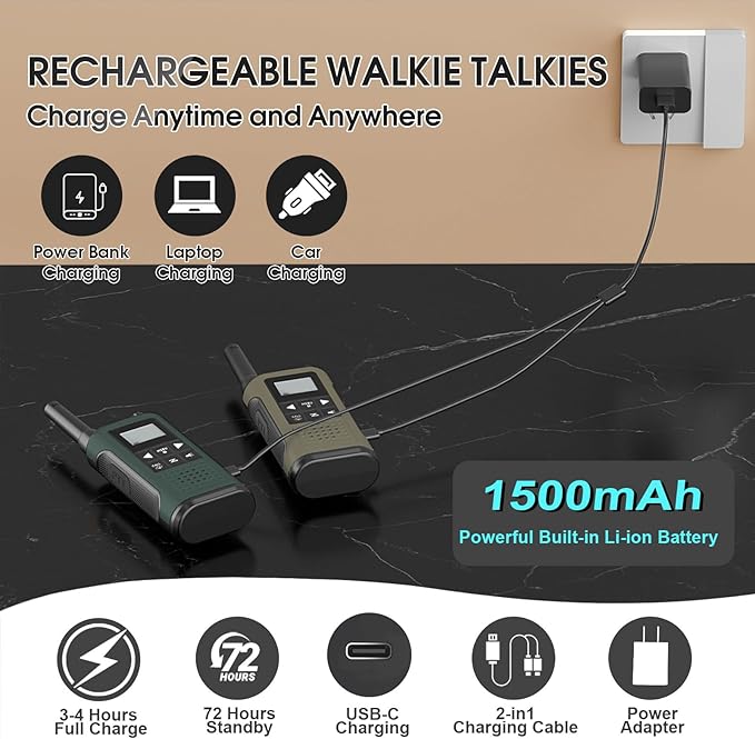 Walkie Talkies Long Range for Adults-2 Pack Rechargeable Walkie Talkies 22 FRS Channels 2-Way Radios with NOAA Weather Alert,VOX,Flashlight and 1500mAh Li-ion Battery for Family Camping Hiking