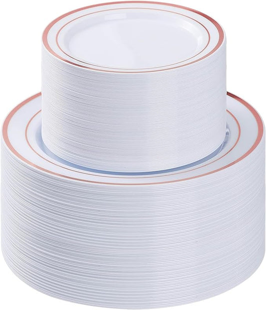 200PCS Rose Gold Plastic Plate, Disposable Party Plates with 100 Dinner Plates and 100 Dessert Plates, Plastic Plates for Party, Wedding and Birthday