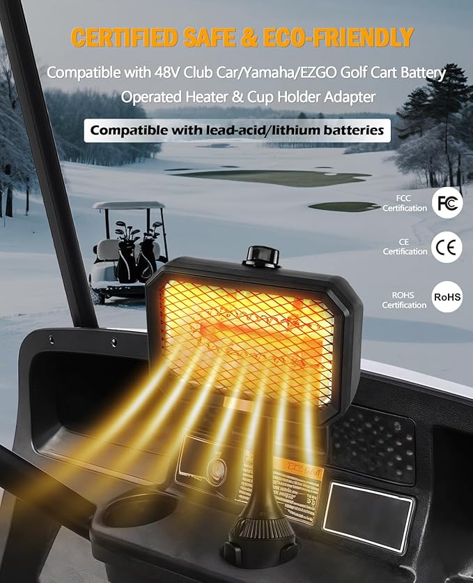 Golf Cart Electric Heater, 400W Safe and Quiet Carbon Fiber Heating, Heat Up 120 Square Feet for 48V Club Car/Yamaha/EZGO Golf Cart Battery Operated Heater & Cup Holder Adapter, Black