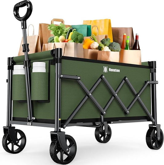 Navatiee Portable Foldable Collapsible Wagon with Wheels, 220lbs Weight Capacity Utility Grocery Shopping Cart, Lightweight Mini Folding Wagon for Outdoor, ArmyGreen