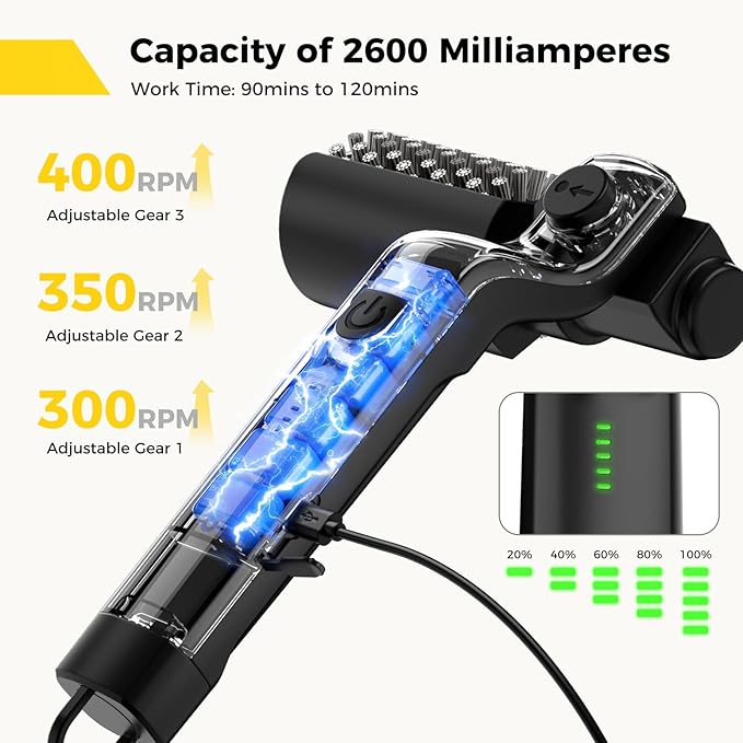 Electric Rotary Grill Brush for Outdoor Grill, 3-Speed Power Control, 304 Stainless Steel BBQ Grill Brush with No Bristle Shedding, 90 Mins Extended Runtime Grill Cleaning Brush
