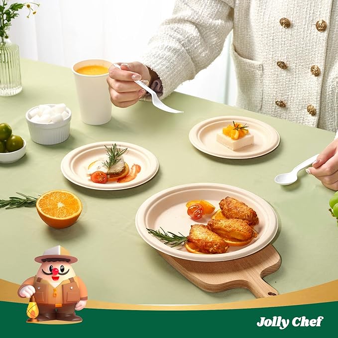 JOLLY CHEF Compostable Heavy Duty Plates 𝟳 𝗶𝗻𝗰𝗵 𝗮𝗻𝗱 𝟵 𝗶𝗻𝗰𝗵 [𝟭𝟮𝟬 𝗣𝗮𝗰𝗸] Eco-Friendly Disposable Paper Plates Bagasse Biodegradable Sugarcane Fibers Round Bulk for Party Dinner(Brown)