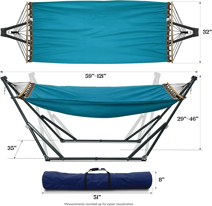 Tranquillo Hammock with Stand Heavy-Duty, Hammock Quick Fold Unfold, Steel Frame Hammock Canvas, Portable Hammock Stand Spreader Bar, 600 lbs Capacity Portable Relaxation Gear, Blue
