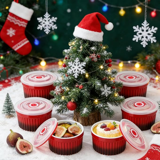 vancasso 8 oz Ramekins with Lid, Porcelain Creme Brulee Souffle Dishes, Red Pudding Custard Cups Ramiken for Baking, Dishwasher and Oven Safe, Set of 6