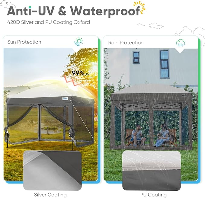 Quictent 10’x10’ Pop up Canopy Tent with Netting, One Person Instant Setup Screen House Room Tent Screened- 2 Magnetic Doors Waterproof (Gray)