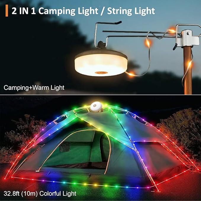 2-Pack Camping String Lights, 4 in 1 Portable Camping Light Rechargeable, 8 Lighting Modes, USB Charging, Quick Storage, 32.8FT Waterproof Tent Lights String for Camping, Hiking, Yard, Christmas,Black