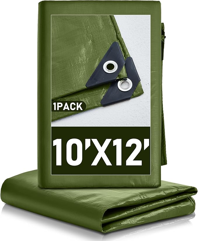 1 Pcs Large Waterproof Tarp 10 x 12 ft Heavy Duty 5.5 Mil Thick Poly Tarpaulin with Grommets Multipurpose Protective Cover for Summer Home Boats Cars Camping RV Pool Tent