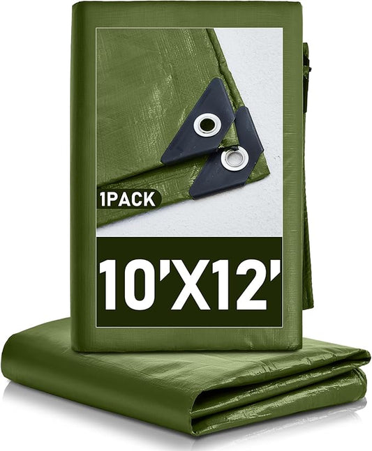 1 Pcs Large Waterproof Tarp 10 x 12 ft Heavy Duty 5.5 Mil Thick Poly Tarpaulin with Grommets Multipurpose Protective Cover for Summer Home Boats Cars Camping RV Pool Tent