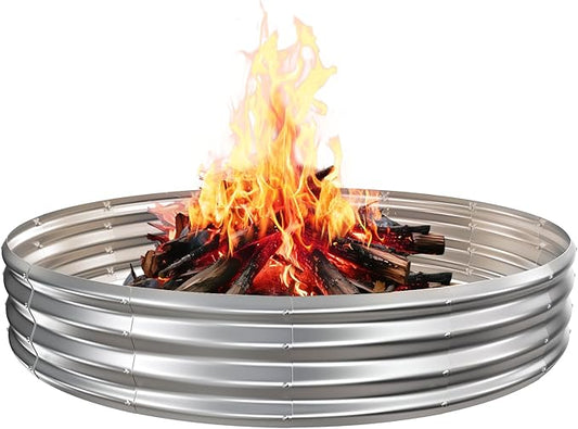 6FT Diameter Camp Fire Ring Pit, Large Round Galvanized Steel Fire Pit, Heavy Duty Steel Fire Pit Silver for Backyard, Camping, Bonfire (6x6x1FT)