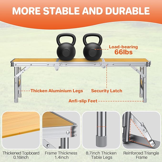 FUNYKICH 3ft Low Folding Picnic Table(34.2''x15.7''x10.3''), Thicker Aluminum Legs Beach Table with Handle & Carry Bag, Lightweight Small Camping Table for Picnic Beach Camping Party, Yellow