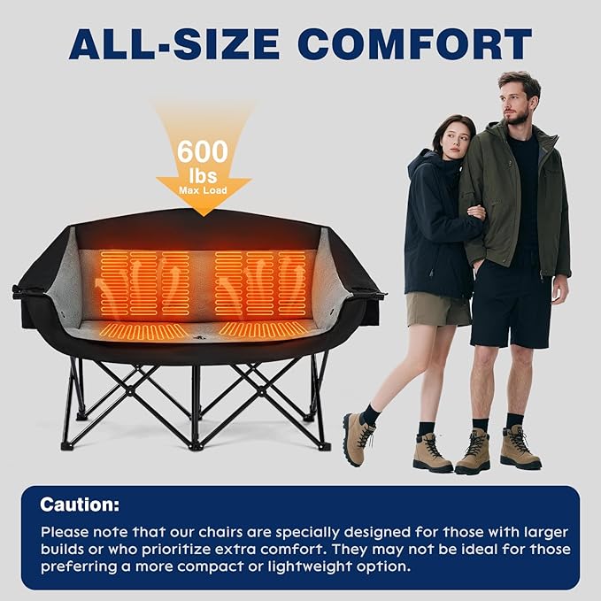 apollo walker Heated Double Camping Chair - Heavy Duty 600lbs Camping Couch with Adjustable Heating, Dual Cup Holder & Carry Bag, Loveseat Camping Chair for Outdoor, Lawn, Concert, Backyard, Park