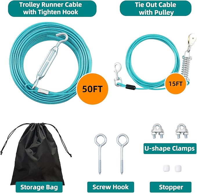 50FT Dog Runner for Yard with 15FT Tie Out Cable - Heavy Duty Trolley System for Large Dogs Up to 250LBS, Backyard/Park/Camping Use (Ice Blue, 50FT+15FT)