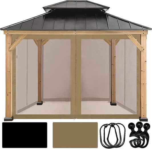 Coastshade Gazebo Canopy Mesh Walls Replacement 10x10 Gazebo Pergola Mosquito Screen Netting for Gazebos with 48Curtain Rings & 48Rail Hooks,Khaki