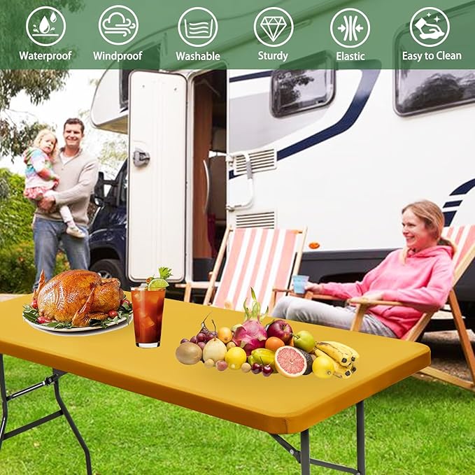 6 Pack 8 Foot Picnic Table Cover Fitted Outdoor Tablecloth for Rectangle Tables Elastic Waterproof Stretch Washable Patio Folding Spandex Table Cloth for Camping Banquet Parties (Mustard,30" x 96")