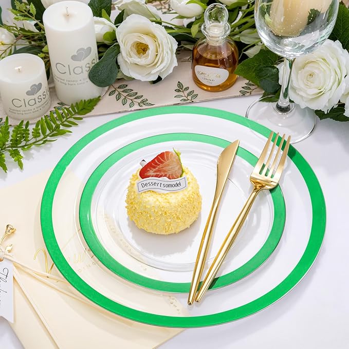 U-QE 120PCS Clear Green Plastic Plates - Clear Plastic Plate Disposable Heavy Duty- Include 60 10" Dinner and 60 7" Dessert Plates, Perfect for Party, Wedding