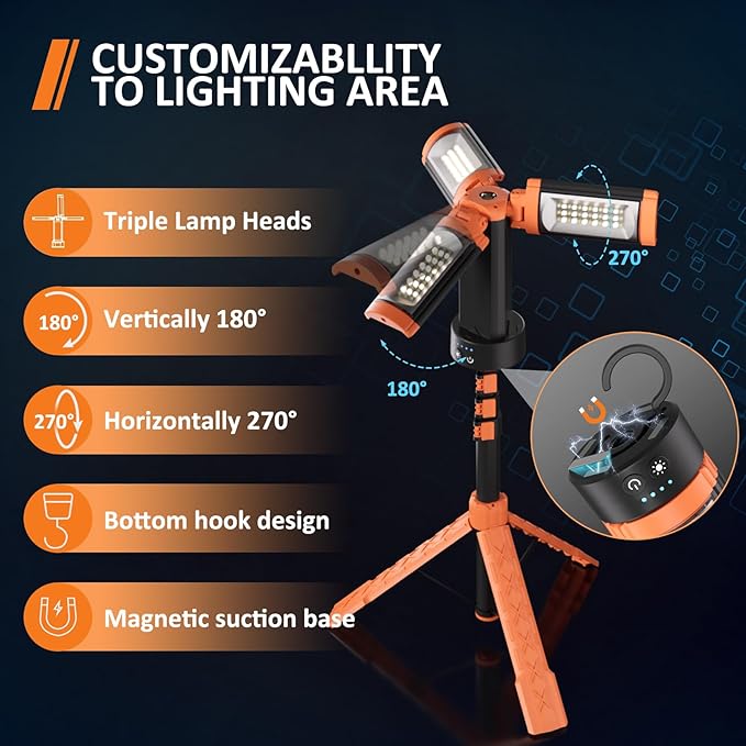 Rechargeable Camping Light with Stand 73" Magnet Work Light Cordless, with 3 Page Head, 2500LM 12000MAH, Hooks & Carrying Bag, Job Site Workshop Outside Orange