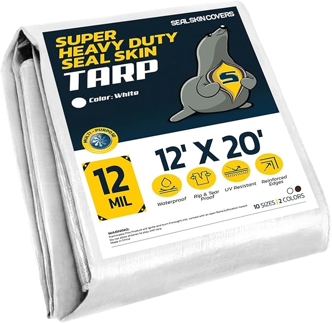 Seal Skin Covers Heavy Duty Waterproof Tarp 12x20 FT, 12 Mil 8 OZ 120 GSM Thick White Poly Tarp with Rustproof Grommets, Tear-Proof Cover with Reinforced Edges for Camping, Pool, Canopy Use