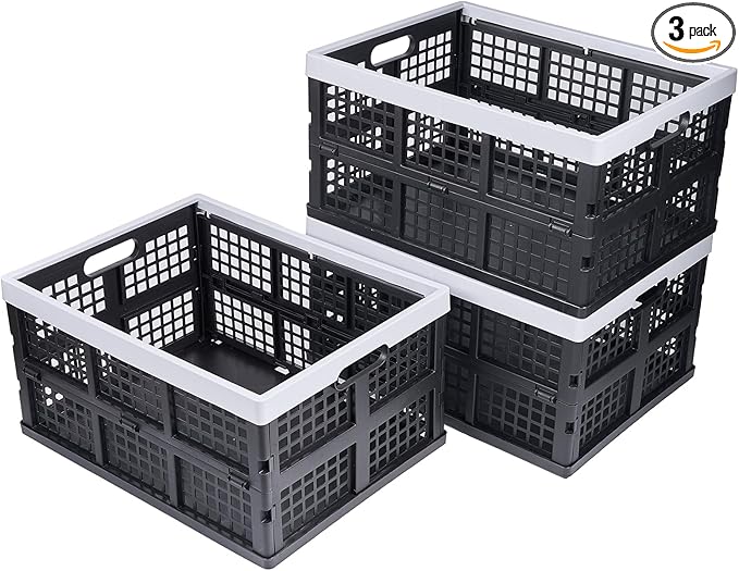 3-Pack Plastic Collapsible Storage Crates-30L,Foldable Plastic Crates for Storage (Black+Gray)