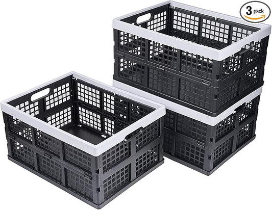 3-Pack Plastic Collapsible Storage Crates-30L,Foldable Plastic Crates for Storage (Black+Gray)