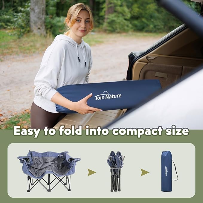 700lbs Capacity Double Camping Chair for 2 Adults - Low-Profile Outdoor Loveseat with XL Cup Holders & Storage Pockets, Heavy Duty Folding Couch for Camping, Lawn, Backyard (Navy Blue)