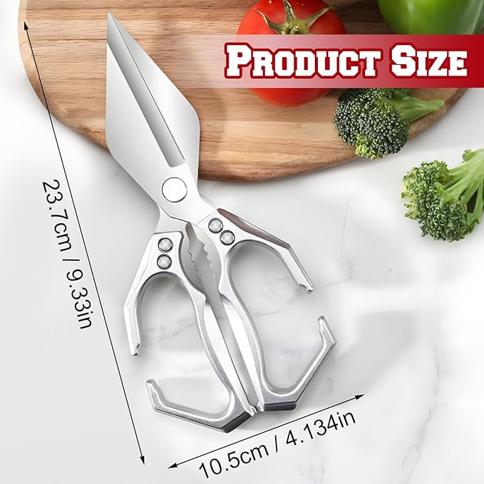 Seattleget Multifunctional Heavy-Duty Kitchen Shears, Ergonomic Heavy-Duty Kitchen Scissors, Household Food Scissors, Suitable for Cutting Meat, Seafood and Small Bones (Silver)