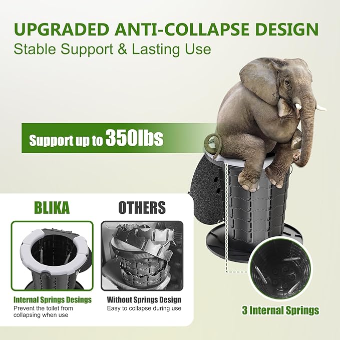 BLIKA Upgraded Retractable Portable Toilet with Soft Cushioned Seat, 350LBS Foldable Camp Toilet for Adults & Kids, Compact Travel Toilet for Camping, Hiking, RV Travel, Road Trips