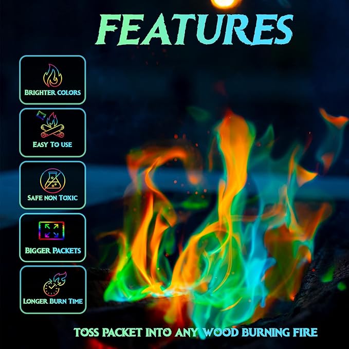 Enchanted Flames Pack of 25 Fire Changing Color Packets for Campfires, Fire Pits, and Outdoor Wood Fireplaces, Longer Lasting Burn Time, Safe and Non-Toxic